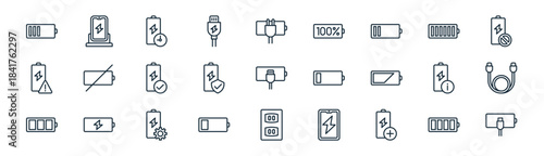 linear battery charge icon pack. vector thin line icons collection such as battery level, charge, battery charge, level, usb cable, plug,