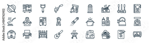 linear kitchenware icon pack. vector thin line icons collection such as cutting board, coffee hine, peeler, kitchenware, mixer blender, food scale, grill, oven