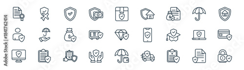 linear insurance icon pack. vector thin line icons collection such as document, travel insurance, security, protection, safebox, secure payment, payment protection, padlock