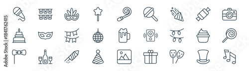 linear party icon pack. vector thin line icons collection such as magic hat, garland, eye mask, candy, mirror ball, lollipop, photo, music notes