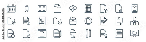 linear documentation icon pack. vector thin line icons collection such as file, flasdisk, open book, bar chart, delete, file system, garbage bin, folder
