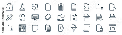 linear documentation icon pack. vector thin line icons collection such as image file, rubber stamp, data sharing, upload file, paper stack, box, smartphone, website