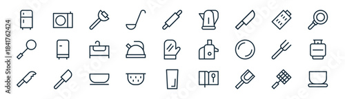 linear kitchen icon pack. vector thin line icons collection such as griddle, stove, knife, grater, teapot, gas, glass, cup
