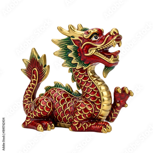 Detailed red chinese dragon statue facing forward isolated on transparent background