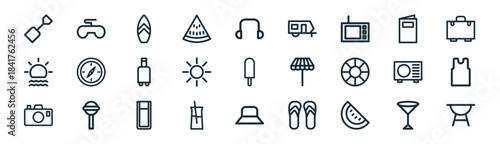 linear summer icon pack. vector thin line icons collection such as drink, console, surfing board, menu, sun, tank top, hat, grill