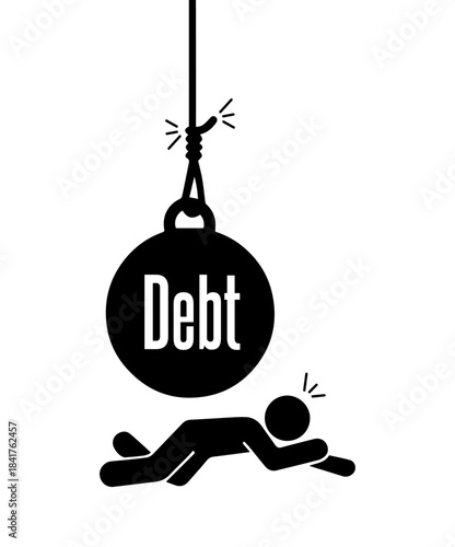 Stickman crushed under a hanging debt ball, symbolizing overwhelming debt, financial stress, loan pressure, mental health impact, and economic hardship.