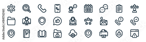 linear customer service icon pack. vector thin line icons collection such as risk management, search, phone call, clipboard, like, service call, cloud tings, error page