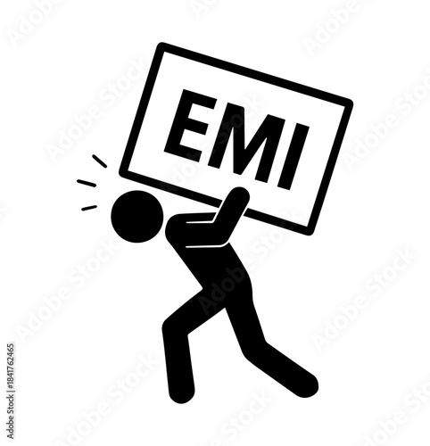 Stickman carrying a heavy EMI board, symbolizing monthly installment burden, loan pressure, financial stress, household expenses, and repayment challenges.