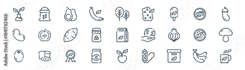 linear vegan icon pack. vector thin line icons collection such as banana, rice, avocado, no fish, honey, mushroom, healthy living, tea cup