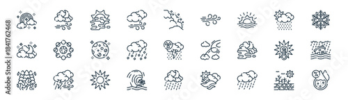 linear weather phenomena icon pack. vector thin line icons collection such as drought, wind, foggy, drizzle, hailstone, flood, rain, humidity