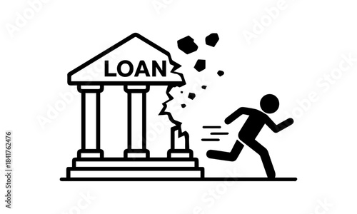 Stickman running as a loan building collapses behind him, symbolizing loan default, financial risk, credit problems, banking crisis, and debt pressure.