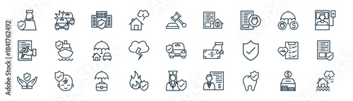linear insurance icon pack. vector thin line icons collection such as deposit, accident, insurance company, insurance, thunderstorm, document file, health flood