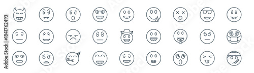 linear emoji icon pack. vector thin line icons collection such as taunt, spooky, yelling, sunglasses, angry, sick, relieved, sick