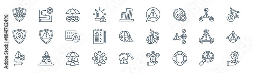linear crisis management icon pack. vector thin line icons collection such as analysis, evacuation, family insurance, crisis management, assessment, decision, threat, solution