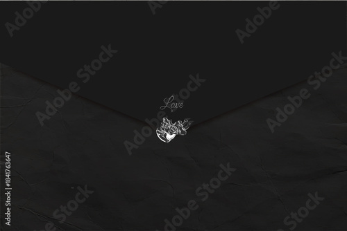 Elegant Valentine poster with a chrome cupid on a black envelope. Minimalist romantic design with soft textures and subtle typography. Perfect for love messages, branding and holiday greetings.