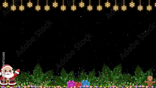 A happy gingerbread cookie stands among ferns and gifts. Above, a row of glowing snowflake lamps illuminates the dark sky