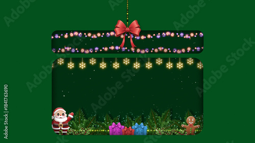 A cheerful Santa stands near gifts on a deep green holiday backdrop. Golden snowflakes and lights hang from the top edge.