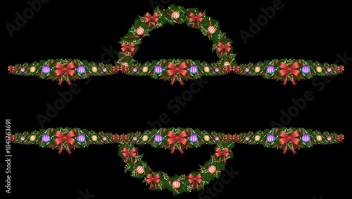 Curved pine elements and straight garlands create a dual border. Colorful ornaments and ribbons add a cheerful touch to the black background.