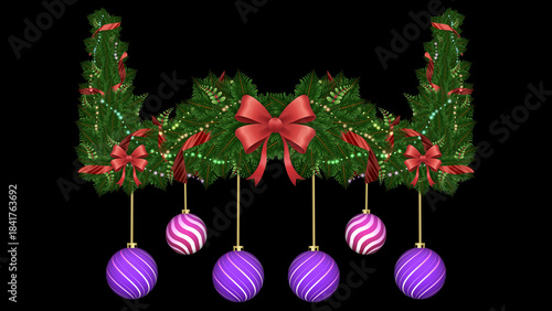Elegant greenery creates a festive archway for content. The purple ornaments add a modern touch to the classic style