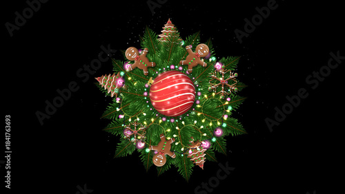 A central red ornament is surrounded by pine branches and holiday cookies. Snowflakes and lights add sparkle to the circular arrangement.