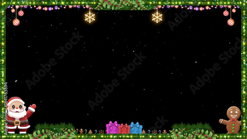 String lights wrap around a border of green leaves and berries. Red ornaments and gold snowflakes dangle into the dark space.