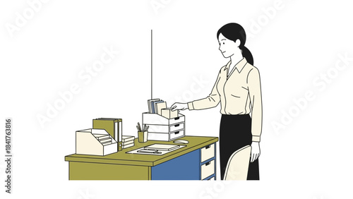 An illustration of a woman working at her office desk organizing a document file
