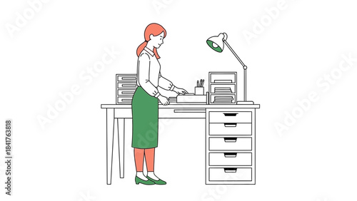 An illustration of a woman working at her office desk, organizing papers and documents