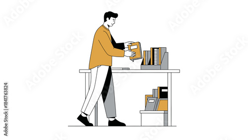 An illustration showcasing a person organizing documents and books on a desk