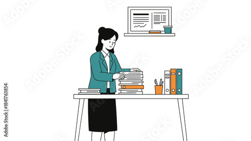 Businesswoman organizing documents at office desk, office work concept vector illustration graphic