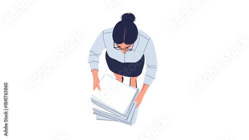 Businesswoman Stacking Papers Overhead View, Work, Office, Concept, Data, Documents, Analysis