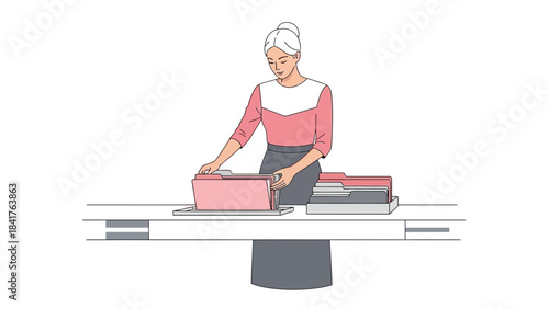 Businesswoman organizing files and documents in her office, administrative work concept