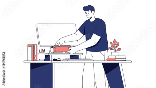 Illustration depicting a man at his desk organising his supplies and work area