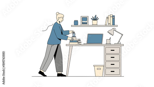 Illustration depicting a person arranging items on a desk in a home office setting
