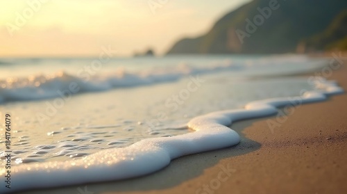 Fototapeta Naklejka Na Ścianę i Meble -  ocean waves washing onto a sandy beach during what appears to be sunrise or sunset. 
