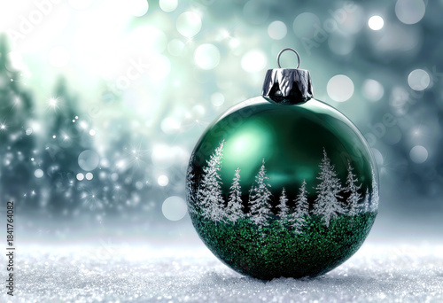 A glimmering green ornament rests on a soft layer of snow, adorned with delicate trees, creating a magical atmosphere reminiscent of winter festivities and celebrations.