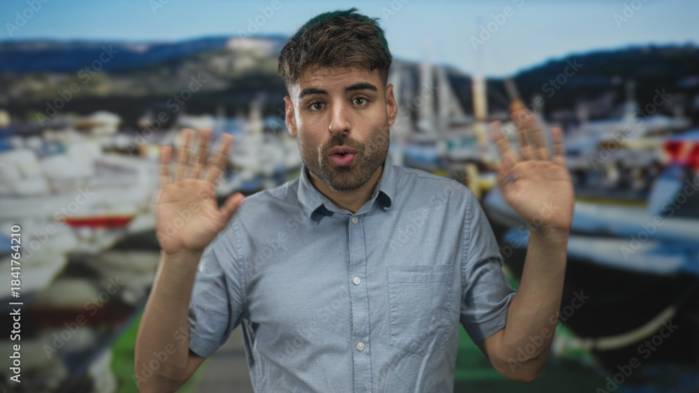 Fototapeta premium Man in blue shirt talking and gesturing with raised hands beside boat at building; curiosity exploration discovery.