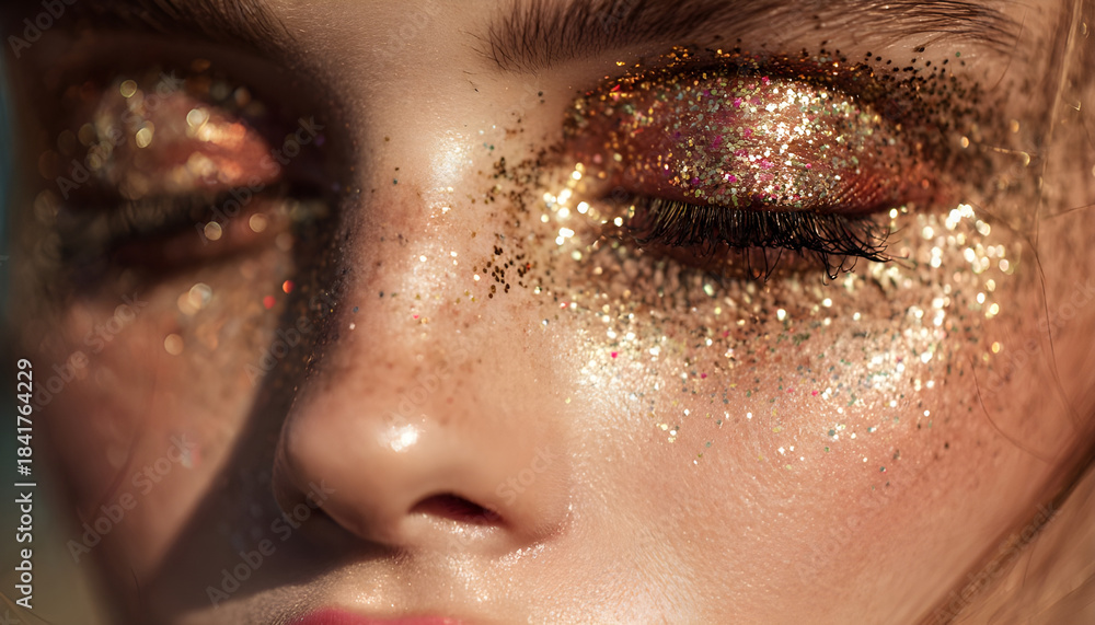 Fototapeta premium A close-up shot of a woman with glitter makeup, perfect for beauty or party themes