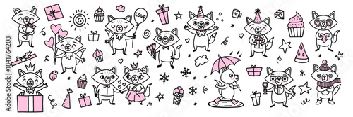 Cute fox doodle set with winter animals and Christmas characters. Hand-drawn vector outlines, vintage sketches, woodland creatures, snowflakes. Perfect for kids books and party designs.