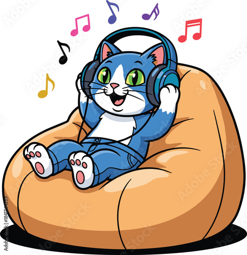 Cute Cartoon Cat Chilling on Bean Bag Chair Listening to Music with Headphones, Happy Animal Mascot Enjoying Relaxing Time, 