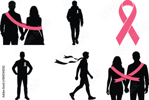 Breast Cancer Awareness Pink Ribbon Silhouette Clipart SVG Design. Hope Ribbon, Support Woman Illustration.