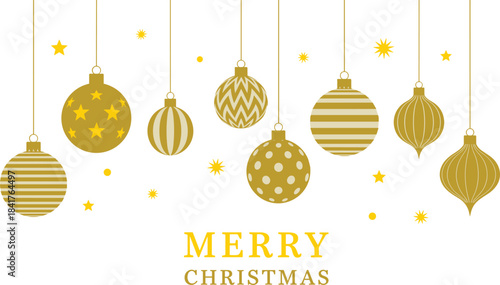 Elegant Gold Christmas Ornaments Vector Design, Hanging Baubles with Stars and Merry Christmas Text, Minimalist Festive Holiday Decoration Background for Greeting Card and Banner