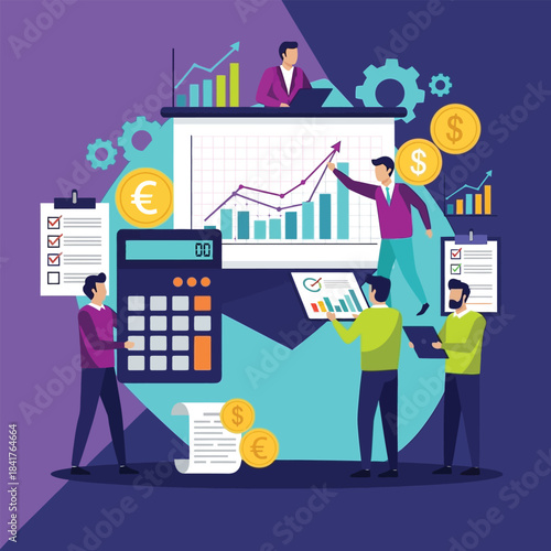 A business intelligence session with five individuals analyzing monetary trends