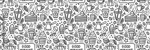 Seamless coffee and breakfast doodle pattern with cups, desserts, beans, croissants, mugs. Hand-drawn black and white design perfect for cafes, packaging, textiles, menus, wrapping paper, backgrounds