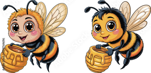 Adorable cartoon bees holding honey pots, happy bumblebee mascots, cute insect vector