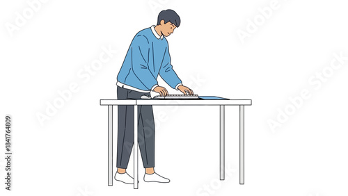 Illustration of a Man Working Standing Up at a Desk Using a Keyboard Isolated