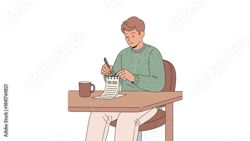 Illustration of a man writing a to-do list at a desk, with a mug beside him