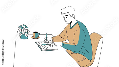 Illustration of a Man Writing in a Notebook at His Desk with Coffee and Plant