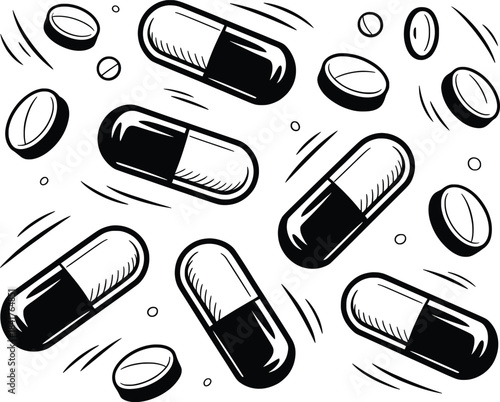 Black and White Medicine Pills and Capsules Illustration.