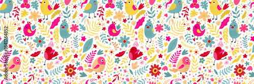 Seamless cute birds and floral pattern in bright playful colors. Hand-drawn whimsical design perfect for kids products, textiles, wrapping paper, wallpapers, stationery and spring or summer themes