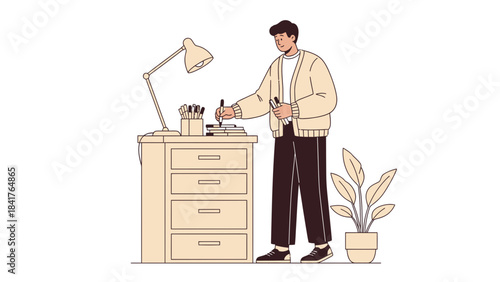 Illustration of a man writing with pens on a desk next to a plant in modern style